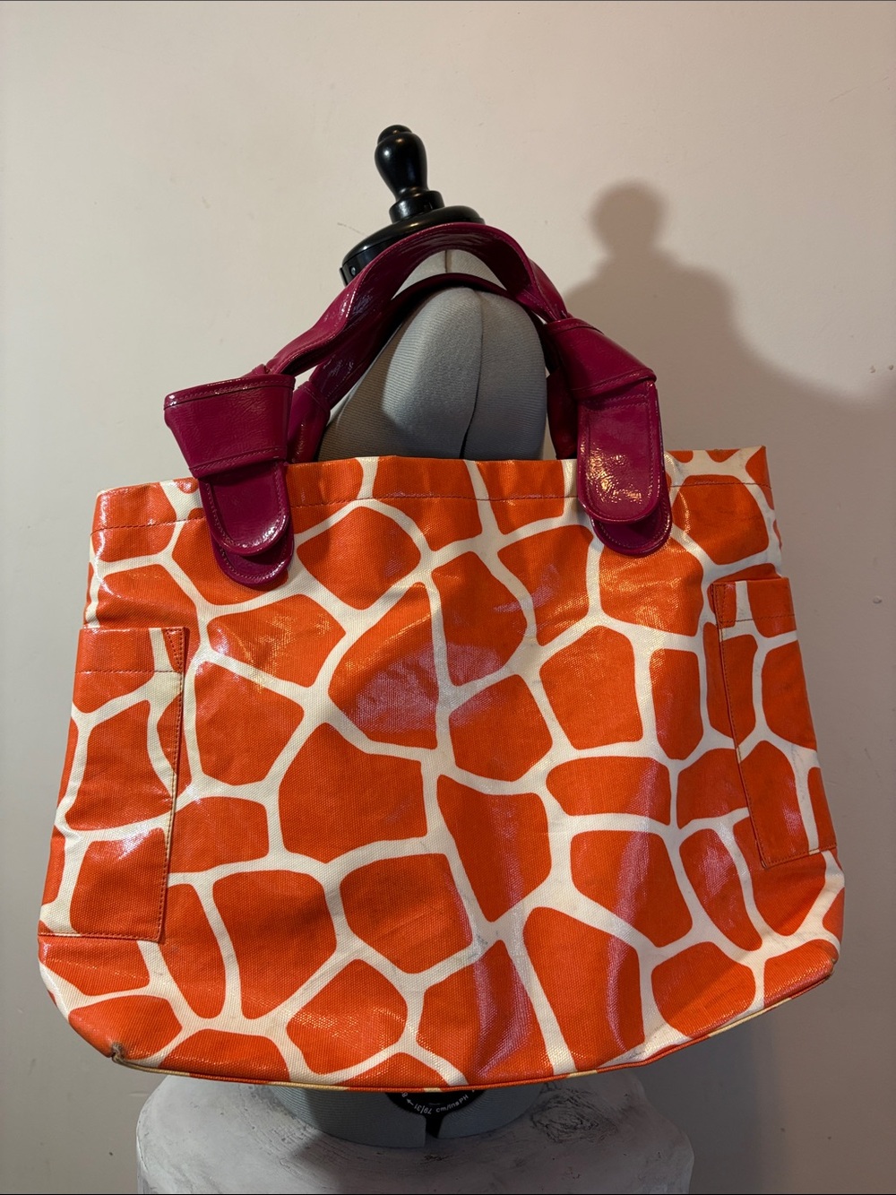 Pink and Orange Giraffe Print Patent Leather Y2K Era 2000s Style Magenta Handles